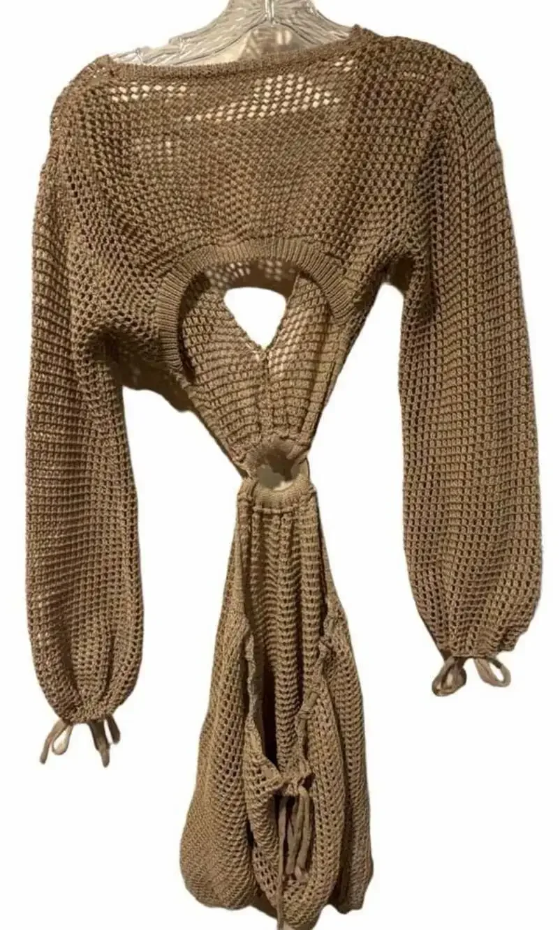 Tan Crochet Long Sleeve Beach Cover-Up Dress with O-Ring Cutout